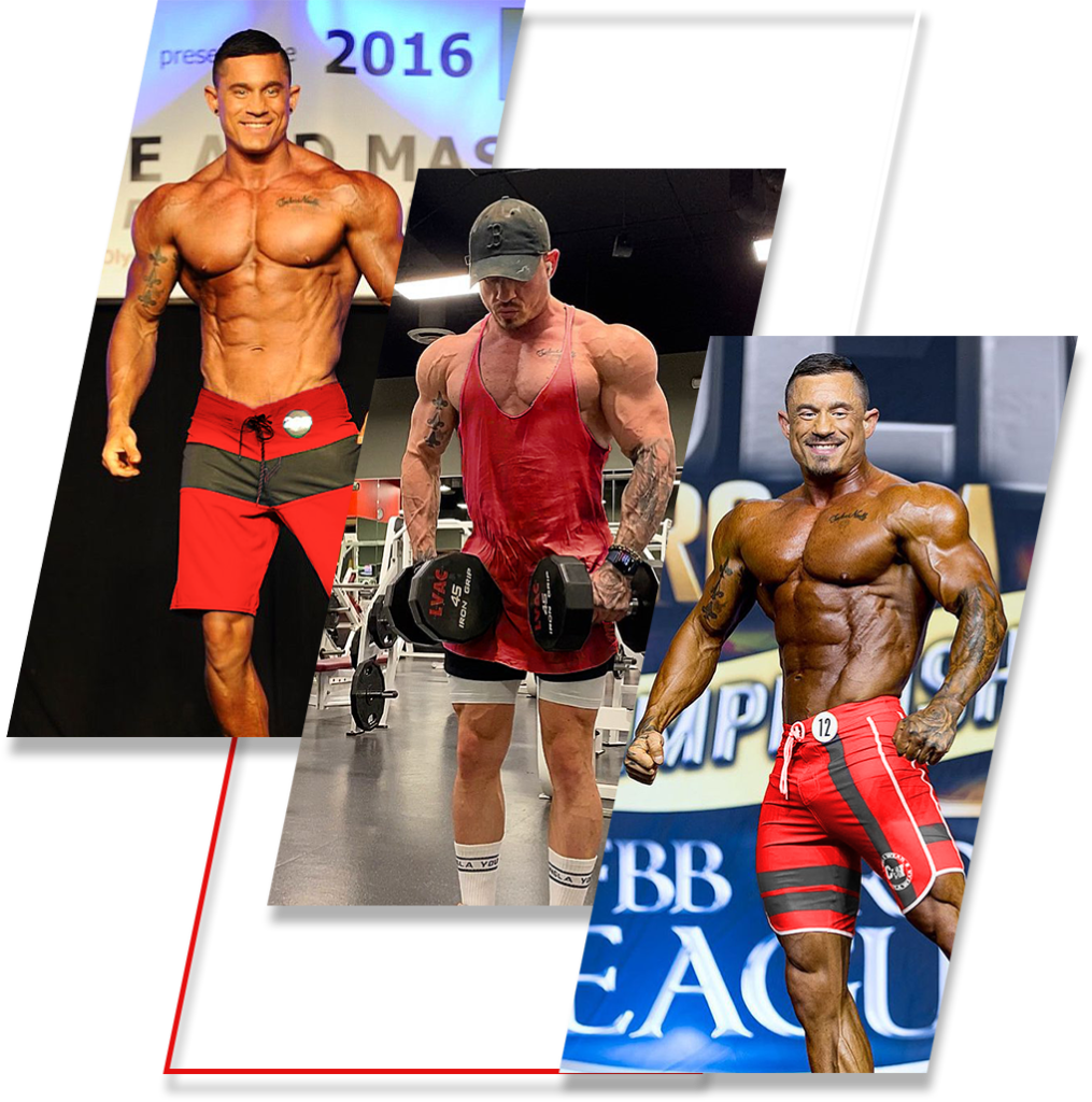 Collage of Brandon winning his pro card, in the gym, and at his last show.