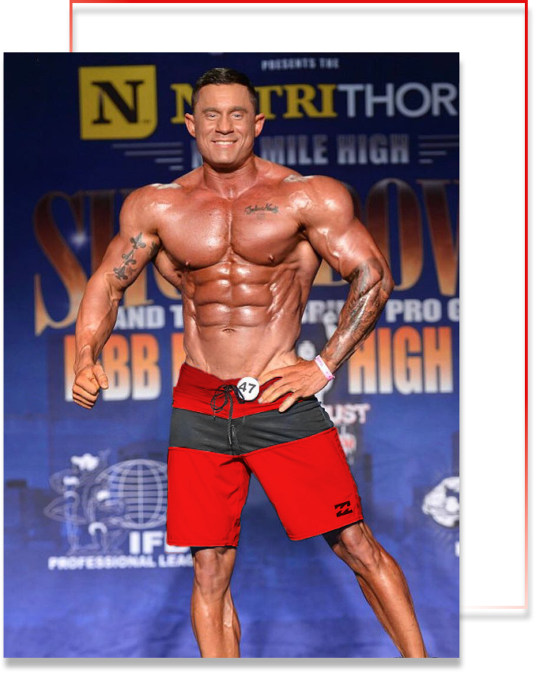 Brandon posing onstage at The Muscle Quest Mile High Pro.